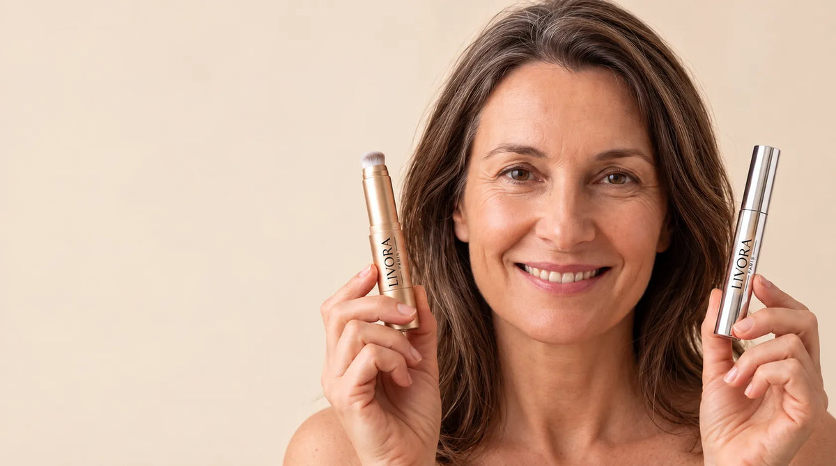 Femme mature tenant le sérum cils et le stick teint Livora